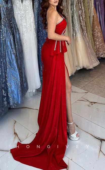 L1368 - Sexy Red One Shoulder Illusion Empire With Side Slit Long Party Prom Evening Dress