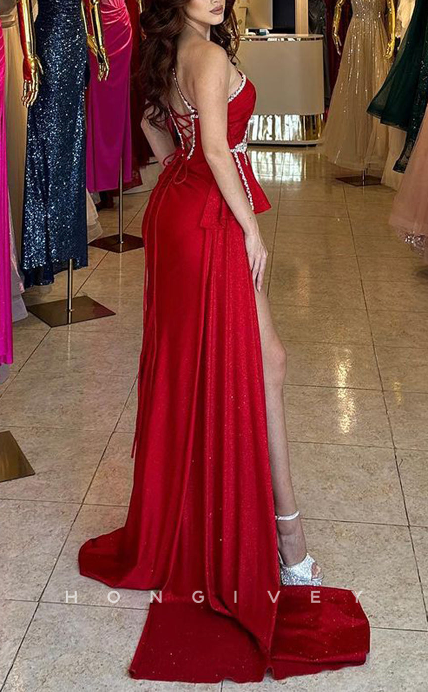 L1368 - Sexy Red One Shoulder Illusion Empire With Side Slit Long Party Prom Evening Dress