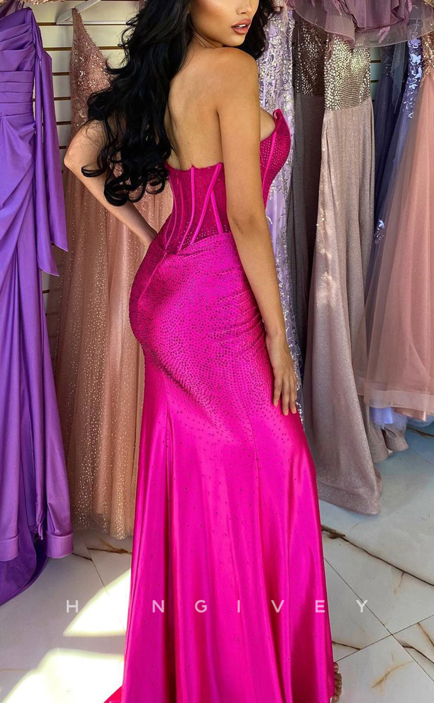 L1372 - Sexy Fitted Fully Beaded Bateau Strapless With Side Slit Floor-Length Party Prom Evening Dress