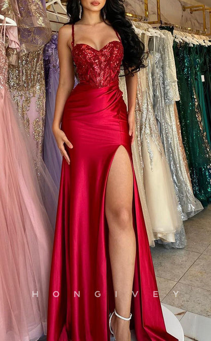L1374 - Sexy Red Sweetheart Spaghetti Straps Sequins With Side Slit Party Prom Evening Dress
