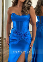 L1375 - Sexy Sweetheart Strapless Ruched With Side Slit Lace-Up Party Prom Evening Dress