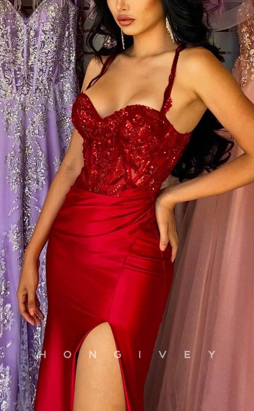 L1374 - Sexy Red Sweetheart Spaghetti Straps Sequins With Side Slit Party Prom Evening Dress