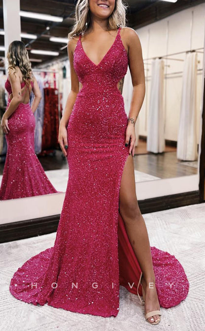 L1377 - Sexy Glitter V-Neck Spaghetti Straps Backless Sequined With Side Slit Party Prom Evening Dress
