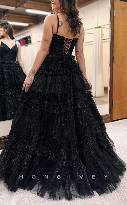 L1379 - Classic Black V-Neck Spaghetti Straps Empire Tiered Ball Gown Long Party Prom Evening Dress