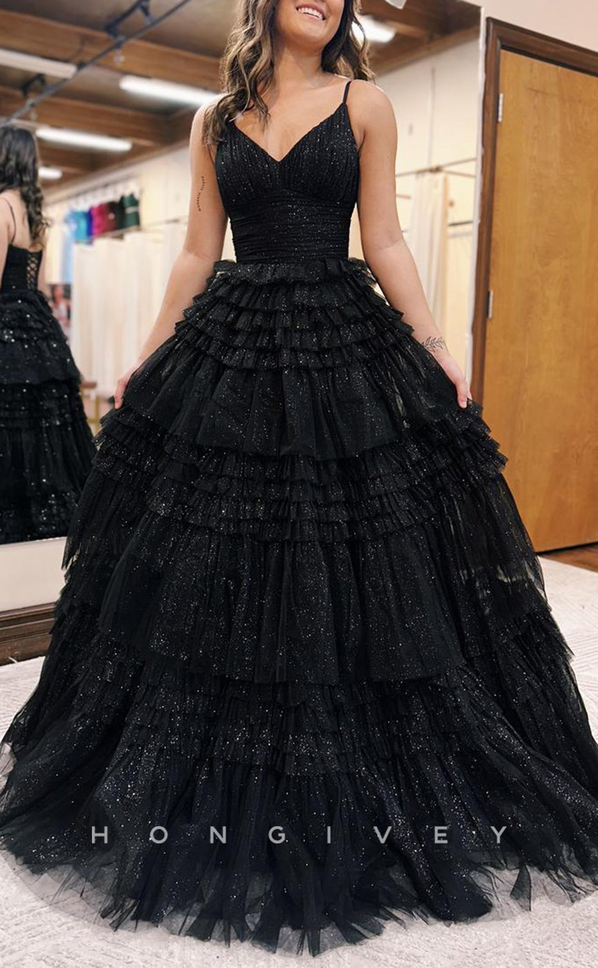 L1379 - Classic Black V-Neck Spaghetti Straps Empire Tiered Ball Gown Long Party Prom Evening Dress