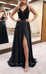 L1382 - Classic Black A-Line Empire V-Neck Spaghetti Straps With Pockets Sequins Party Prom Evening Dress