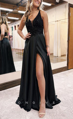 L1382 - Classic Black A-Line Empire V-Neck Spaghetti Straps With Pockets Sequins Party Prom Evening Dress