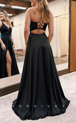 L1382 - Classic Black A-Line Empire V-Neck Spaghetti Straps With Pockets Sequins Party Prom Evening Dress