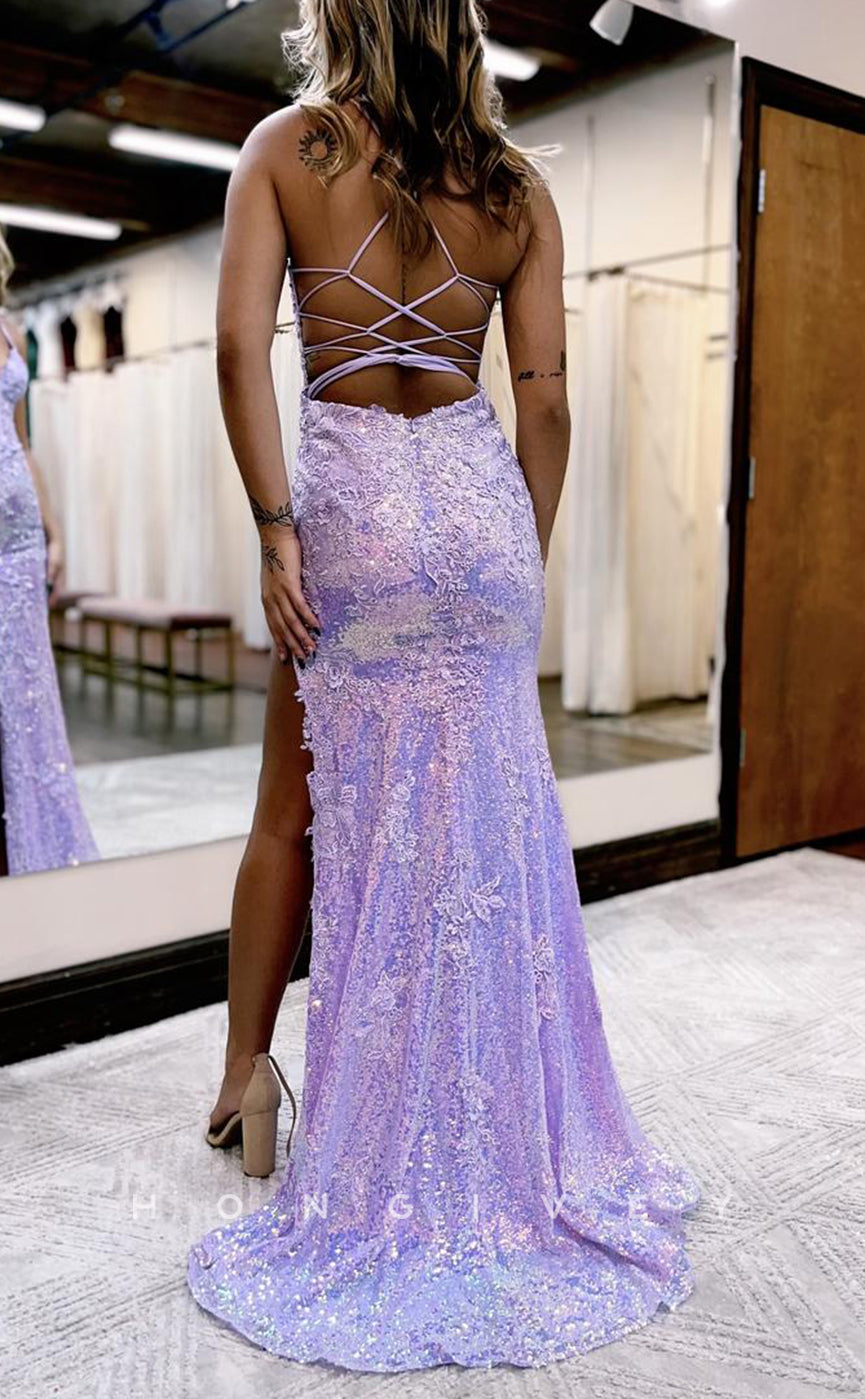 L1383 - Sexy V-Neck Spaghetti Straps Appliques Sequins With Side Slit Party Prom Evening Dress