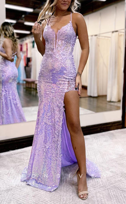 L1383 - Sexy V-Neck Spaghetti Straps Appliques Sequins With Side Slit Party Prom Evening Dress