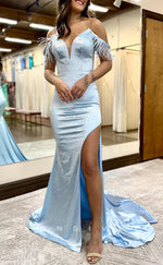 L1386 - Casual Fitted V-Neck Spaghetti Straps Feathers With Train Party Prom Evening Dress