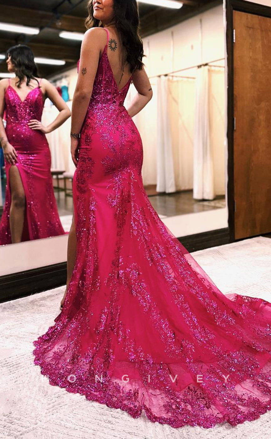 L1391 - Sexy Fitted Glitter V-Neck Spaghetti Straps Sequins With Train Party Prom Evening Dress