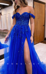 L1392 - Sexy A-Line Empire Illusion Off-Shoulder Appliques With Side Slit Party Prom Evening Dress