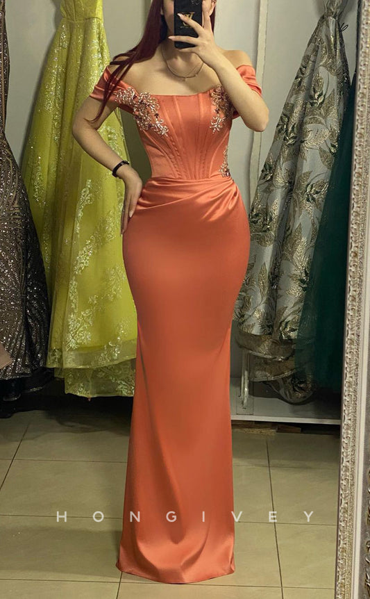 L1397 - Sexy Fitted Satin Off-Shoulder Appliques Ruched Floor-Length Party Prom Evening Dress