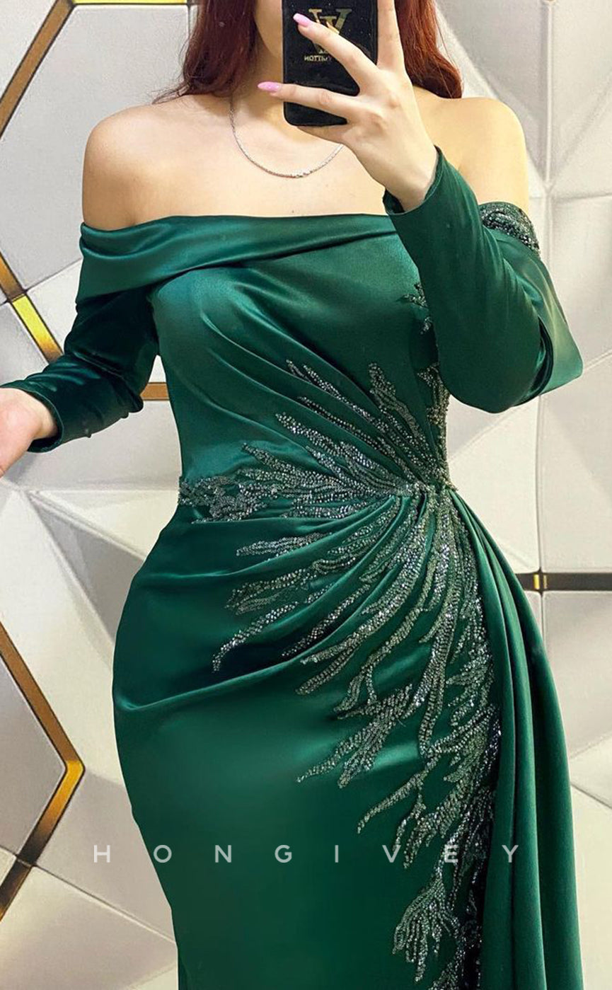 L1398 - Elegant Off-Shoulder Long Sleeves Ruched Appliques Party Prom Evening Dress