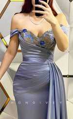 L1399 - Sexy Satin Off-Shoulder Empire Ruched Appliques Party Prom Evening Dress