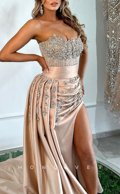 L1400 - Sexy Fitted Glitter Strapless Sleeveless Beaded With Side Slit Party Prom Evening Dress