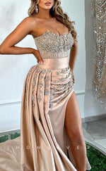 L1400 - Sexy Fitted Glitter Strapless Sleeveless Beaded With Side Slit Party Prom Evening Dress