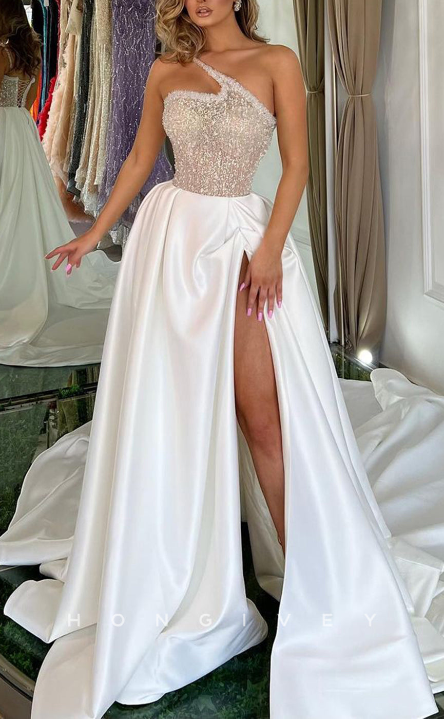 L1401 - Sexy A-Line Illusion Glitter One Shoulder Empire With Side Slit Party Prom Evening Dress