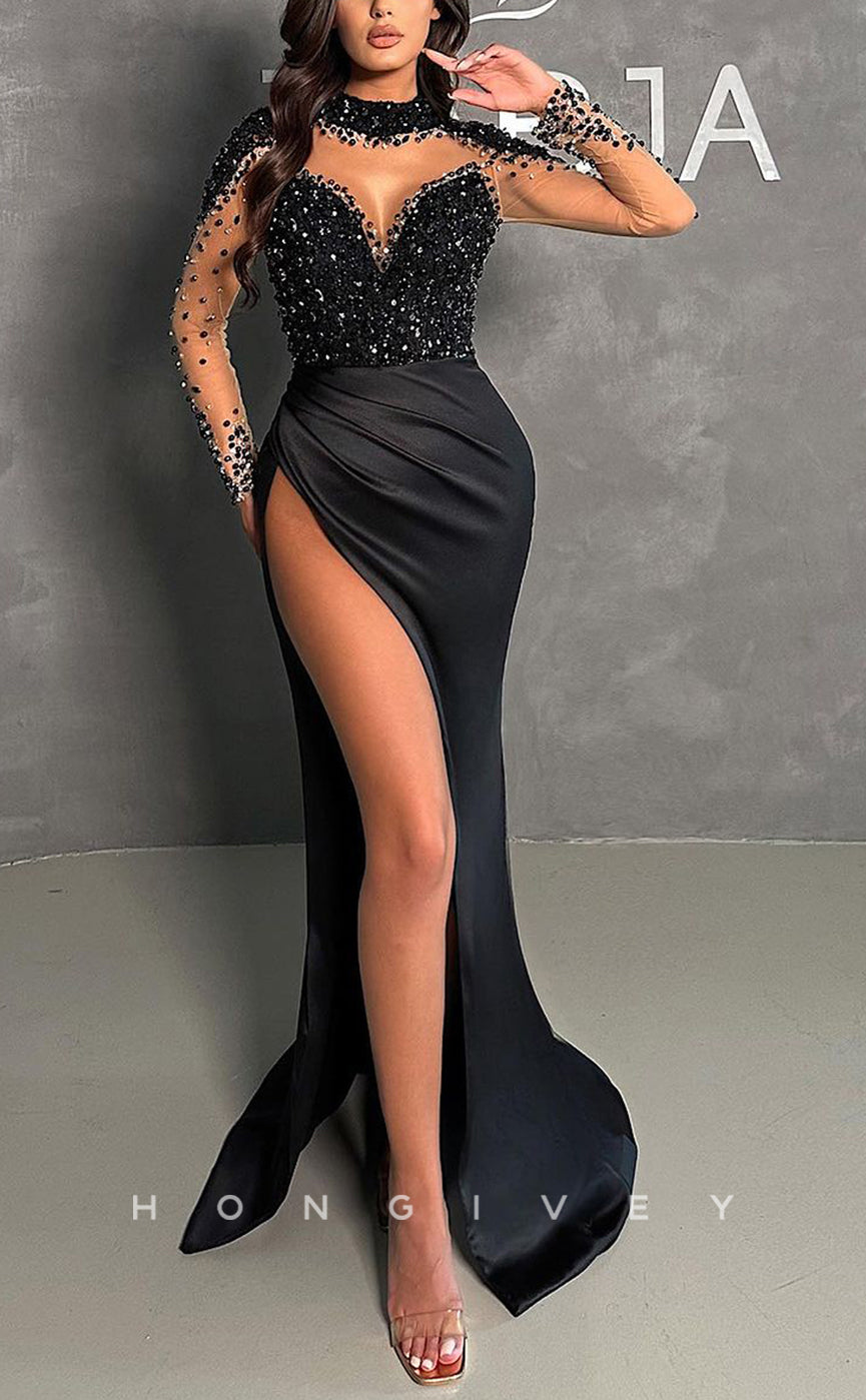 L1402 - Sexy Fitted Black High Neck Beaded Long Sleeves With High Slit Party Prom Evening Dress