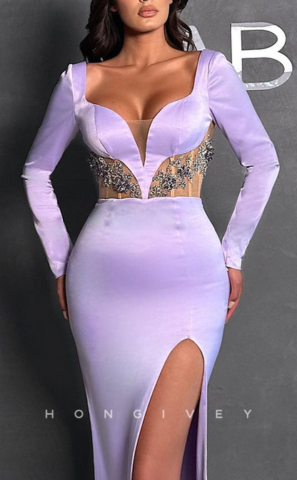 L1403 - Sexy Satin Asymmetrical V-Neck Long Sleeves With Side Slit  Party Prom Evening Dress