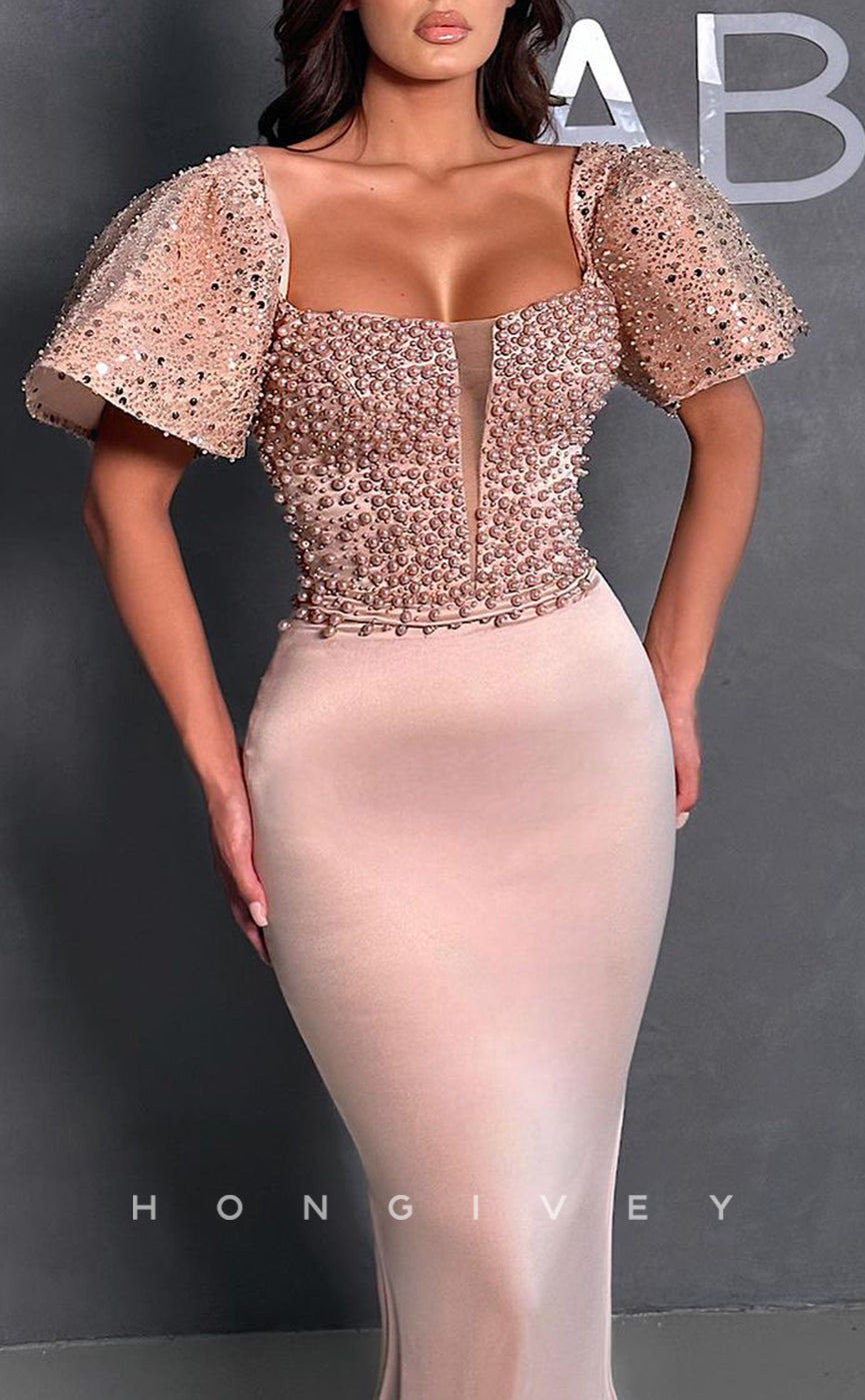 L1404 - Sexy Fitted Trumpt Square Puff Sleeves Gown Beaded Party Prom Evening Dress