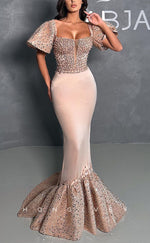 L1404 - Sexy Fitted Trumpt Square Puff Sleeves Gown Beaded Party Prom Evening Dress