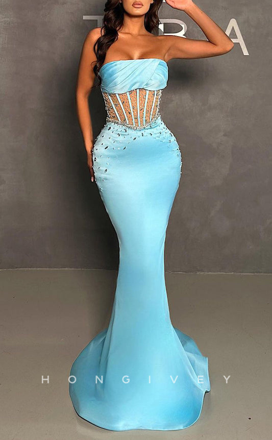 L1405 - Sexy Fitted Trumpt Strapless Sleeveless Illusion Party Prom Evening Dress
