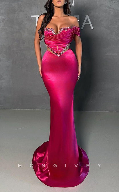 L1407 - Sexy Fitted Off-Shoulder Empire Illusion Floor-Length Party Prom Evening Dress