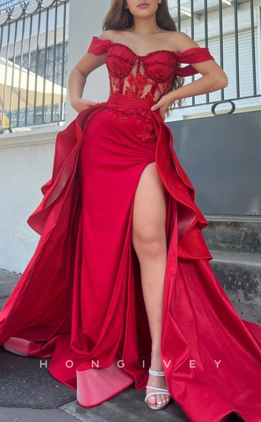 L1412 - Sexy Satin A-Line Off-Shoulder Illusion With Side Slit Train Party Prom Evening Dress