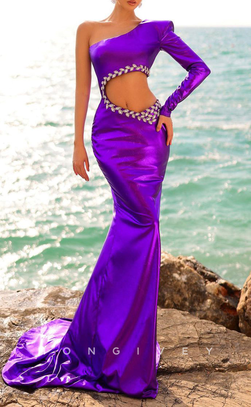 L1413 - Sexy Fitted One Shoulder Illusion With Train Party Prom Evening Dress