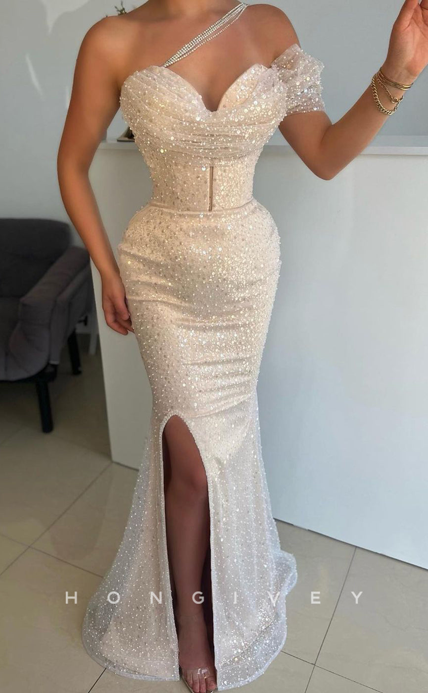 L1415 - Sexy Fitted Glitter Sweetheart Empire Floor-Length With Slit Party Prom Evening Dress