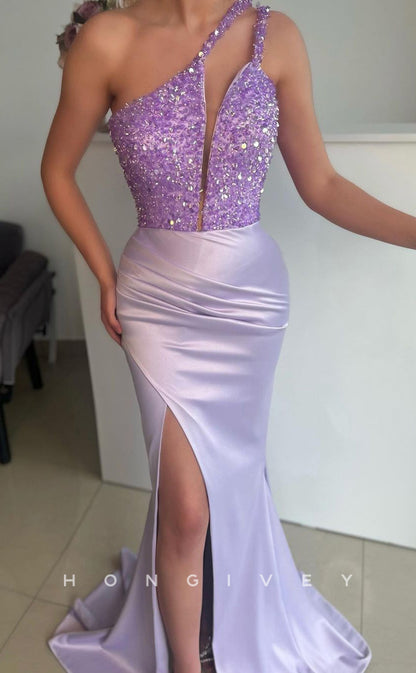 L1416 - Sexy Asymmetrical Glitter Straps Empire Ruched With Side Slit Party Prom Evening Dress