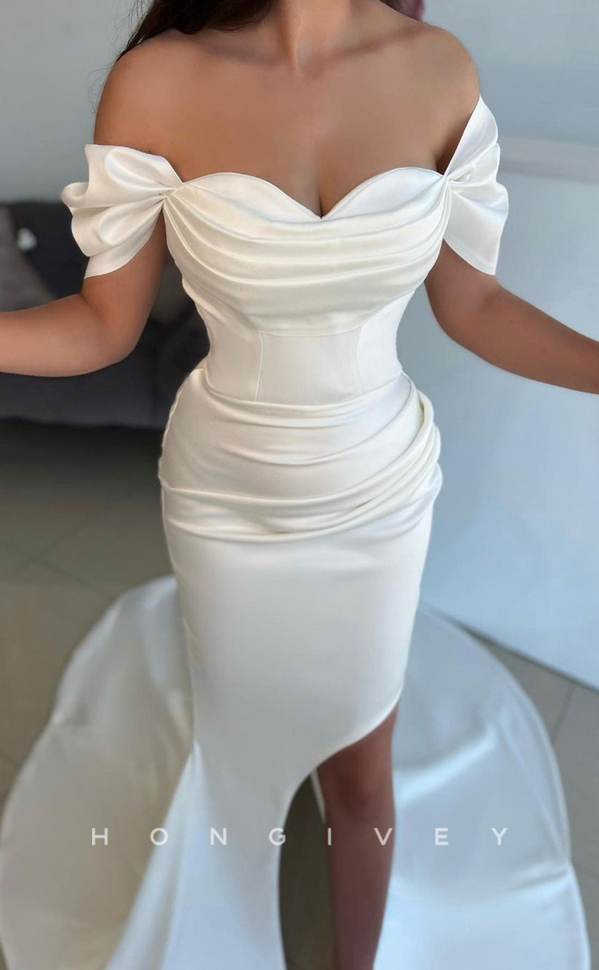 L1417 - Sexy Satin Off-Shoulder Empire Ruched Detachable Overskirt Party Prom Evening Dress