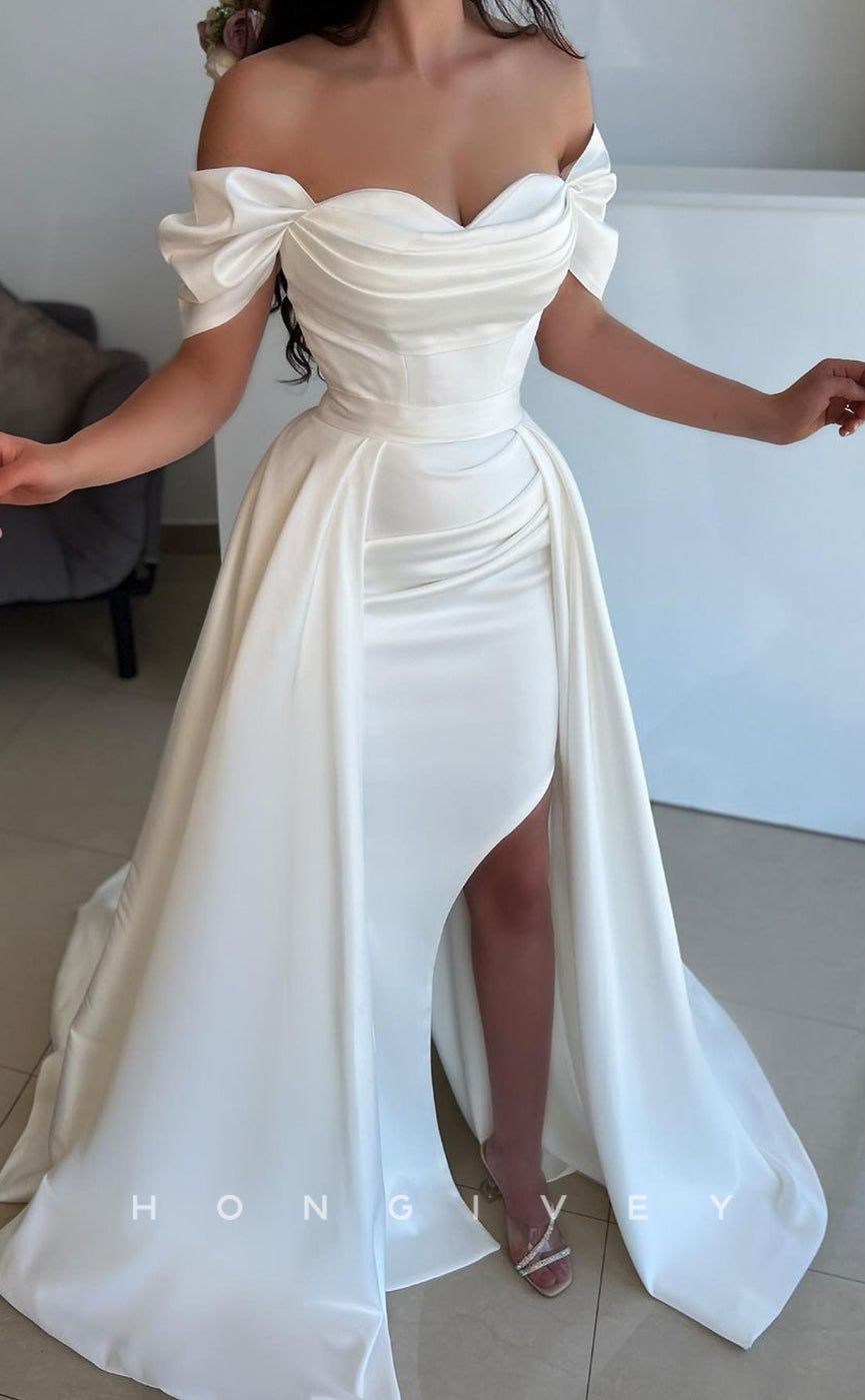 L1417 - Sexy Satin Off-Shoulder Empire Ruched Detachable Overskirt Party Prom Evening Dress