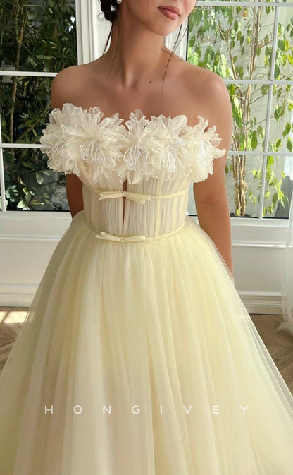 L1418 - Sexy Tulle A-Line Empire Strapless Sleeveless Floral Party Prom Evening Dress