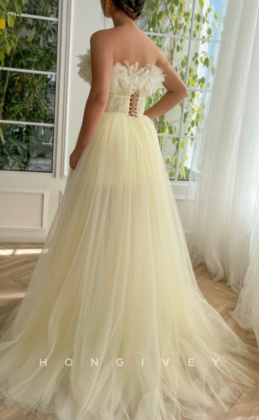 L1418 - Sexy Tulle A-Line Empire Strapless Sleeveless Floral Party Prom Evening Dress