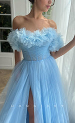 L1420 - Sexy Tulle Illusion A-Line Empire Off-Shoulder With Side Slit Party Prom Evening Dress