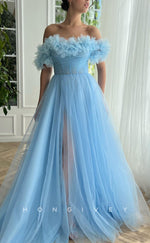 L1420 - Sexy Tulle Illusion A-Line Empire Off-Shoulder With Side Slit Party Prom Evening Dress