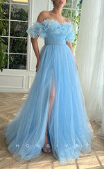 L1420 - Sexy Tulle Illusion A-Line Empire Off-Shoulder With Side Slit Party Prom Evening Dress