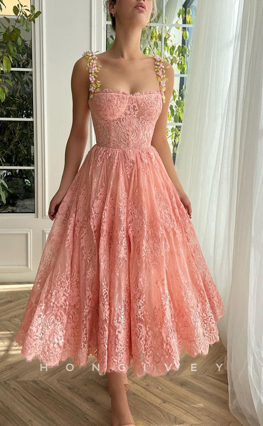 L1421 - Sexy A-Line Empire Square Floral Spaghetti Straps Illusion Party Prom Evening Dress