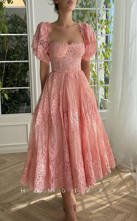 L1422 - Elegant A-Line Empire Square Short Sleeve Illusion Floral Party Prom Evening Dress