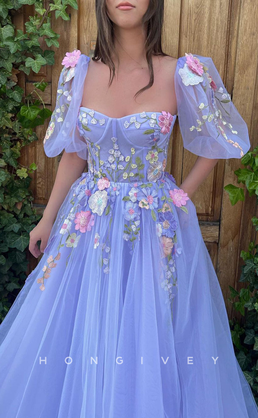 L1424 - Chic Tulle A-Line Empire Sweetheart Short Sleeve Floral Appliqued With Pockets Party Prom Evening Dress