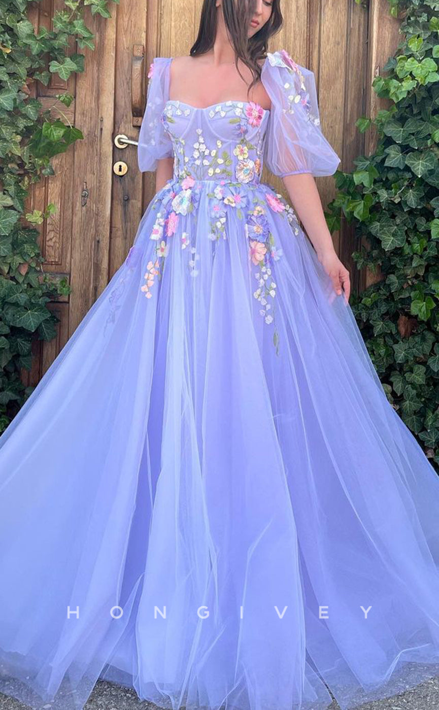 L1424 - Chic Tulle A-Line Empire Sweetheart Short Sleeve Floral Appliqued With Pockets Party Prom Evening Dress