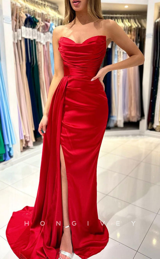 L1425 - Sexy Fitted Red V-Neck Strapless Ruched With Side Slit Train Party Prom Evening Dress