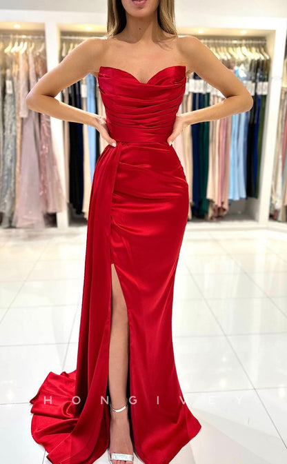 L1425 - Sexy Fitted Red V-Neck Strapless Ruched With Side Slit Train Party Prom Evening Dress