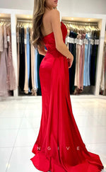 L1425 - Sexy Fitted Red V-Neck Strapless Ruched With Side Slit Train Party Prom Evening Dress