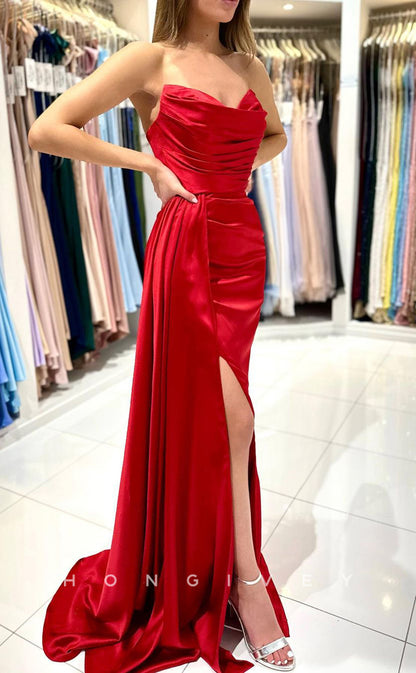 L1425 - Sexy Fitted Red V-Neck Strapless Ruched With Side Slit Train Party Prom Evening Dress