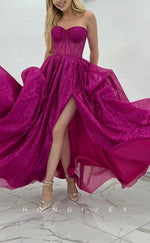 L1428 - Sexy Glitter A-Line Empire Illusion Sweetheart Strapless With Side Slit Party Prom Evening Dress