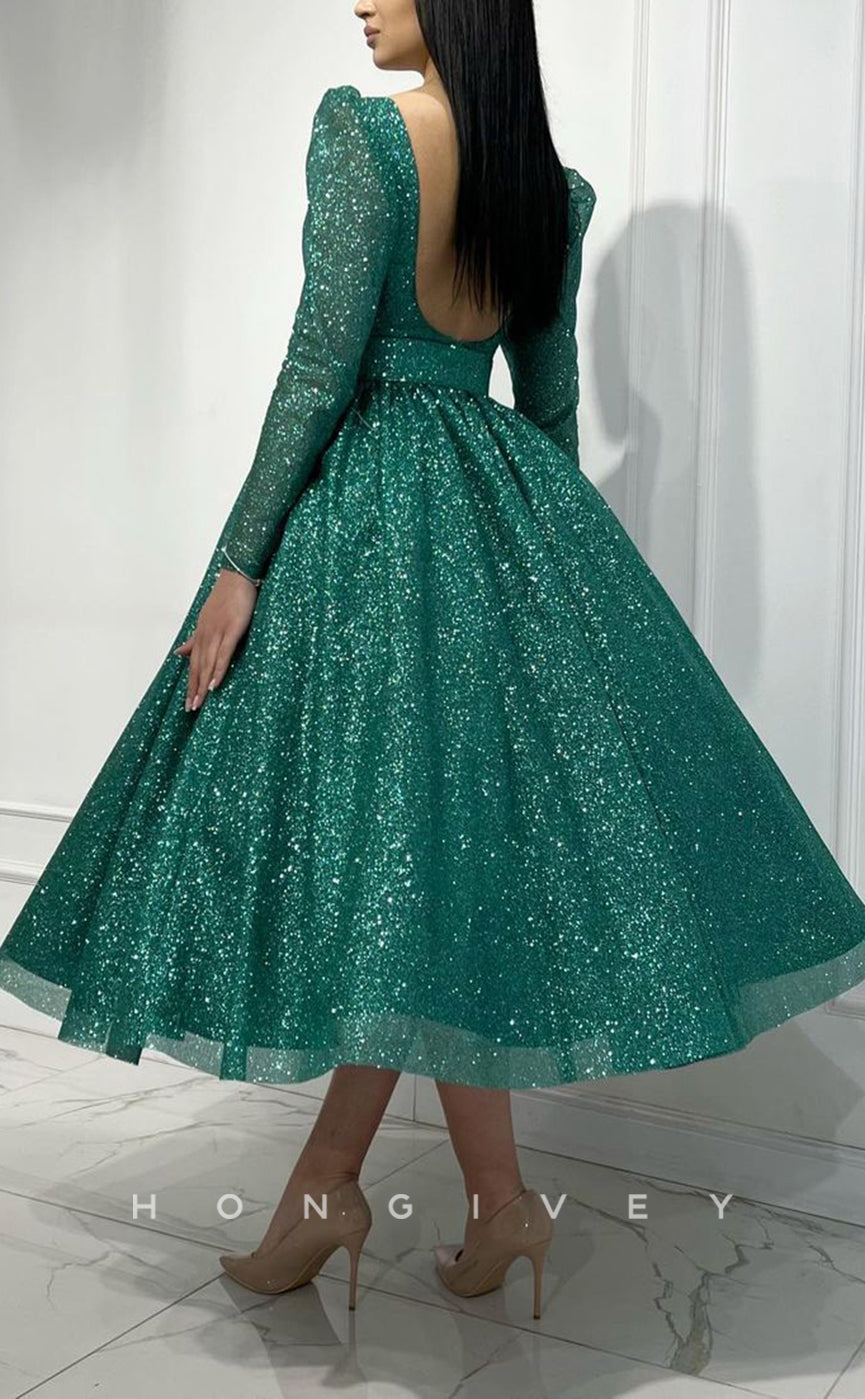 L1429 - Elegant Glitter A-Line Empire Belt Bateau Long Sleeves Party Prom Evening Dress